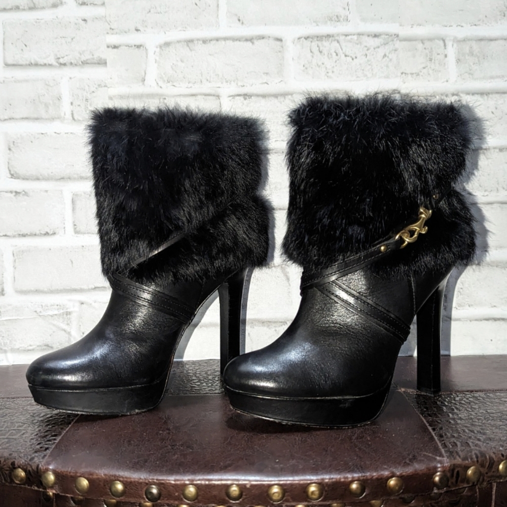 COACH Athena Black Leather Rabbit Fur Platform Ankle Boots Booties Sz 7 B $368